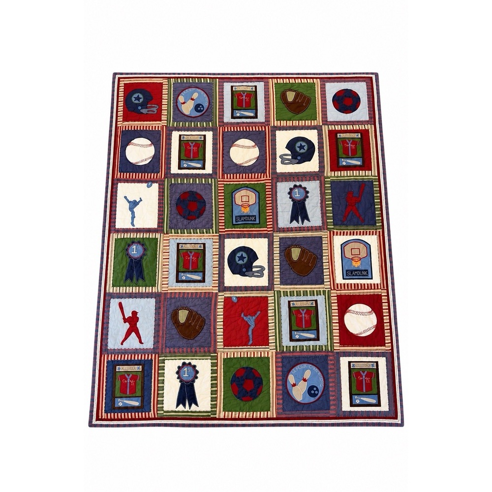 Pottery Barn Kids Sports Patchwork Quilt Twin 68x86 Cotton Applique Embroidered